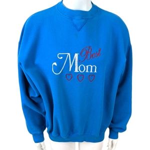 Vintage 80s 90s Best Mom Sweatshirt Embroidered Blue Womens XL Made in USA